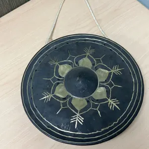 Decorative Brass-Inlaid Metal Gong With Hanging Cord