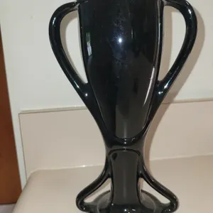 Vintage Fostoria Art Deco "Tut" black amethyst glass trophy vase featuring two graceful curved handl