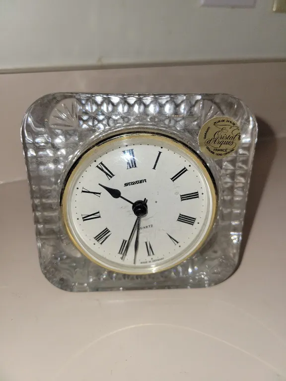 vintage Staiger quartz desk clock housed in a faceted 24% lead crystal block made with a French Cris