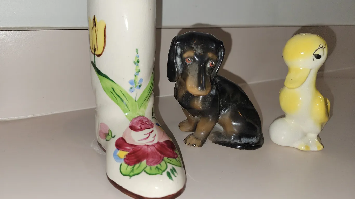 vintage hand-painted ceramic boot vase or planter. vintage ceramic or porcelain dachshund figurine.