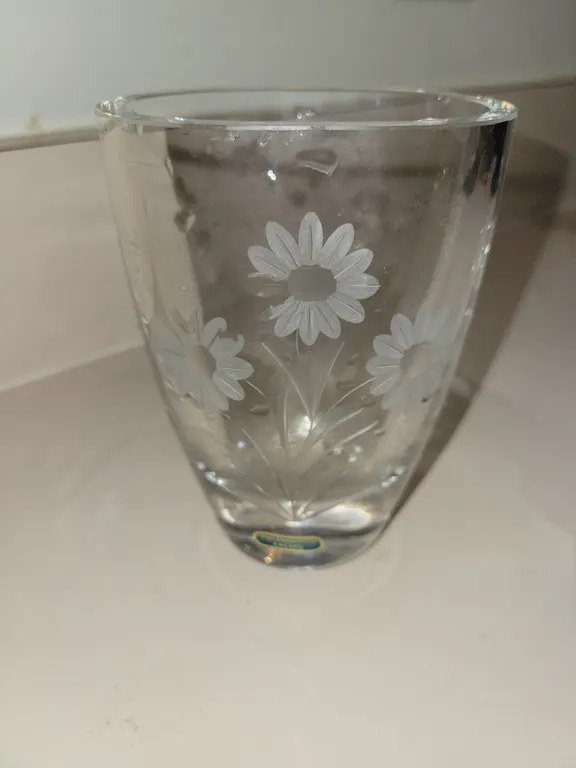 vintage lead crystal vase from Smalandshyttan, Sweden, featuring a delicate copper-wheel or etched f