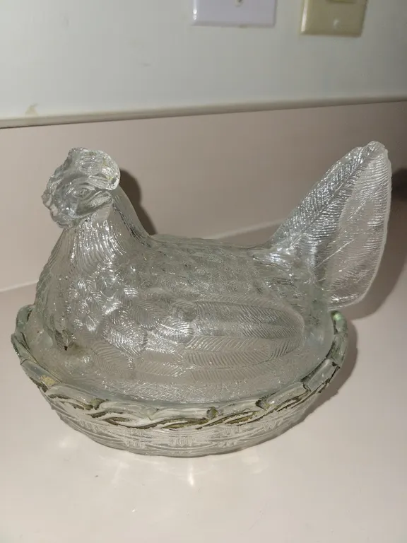 vintage clear pressed glass "Hen on a Nest" covered dish, commonly produced by the Indiana Glass Co.