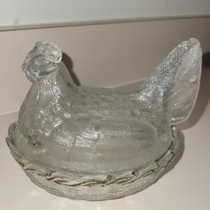 vintage clear pressed glass "Hen on a Nest" covered dish, commonly produced by the Indiana Glass Co.