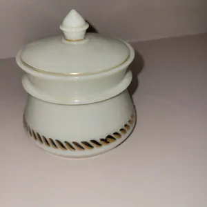 vintage Wheatonware custard/opal glass covered sugar bowl with 24K gold trim featuring a rope or whe