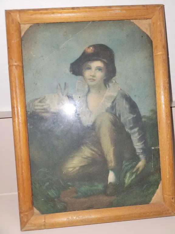 vintage framed print of the classic "Boy and Rabbit" painting by Sir Henry Raeburn, set inside a tex