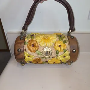 OOAK Vtg Wooden Hand Bag Raffia Embroidered Flowers Floral Wood Barrel Box Purse
