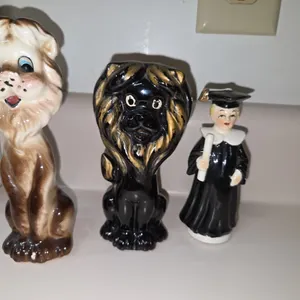 Vtg MIJ Ceramic Leo Lion MCM Anthropomorphic Figurine 5 6/8 JAPAN Nice Condition & Vtg Redware Lion