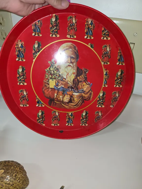 Vintage Old Fashioned Santa Claus Christmas Tin Metal Cookie 11.5” Tray Platter