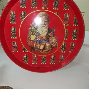 Vintage Old Fashioned Santa Claus Christmas Tin Metal Cookie 11.5” Tray Platter