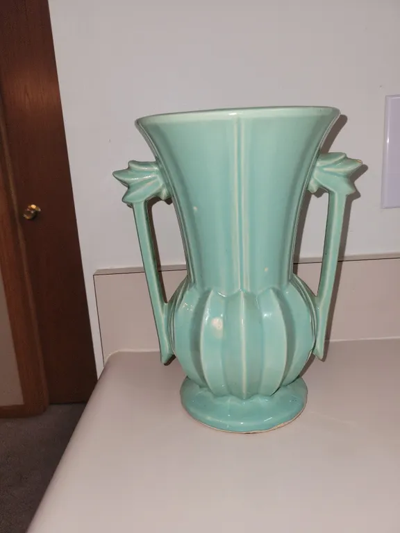 vintage Art Deco McCoy Pottery double-handled vase, easily recognized by its fluted ribbed body and