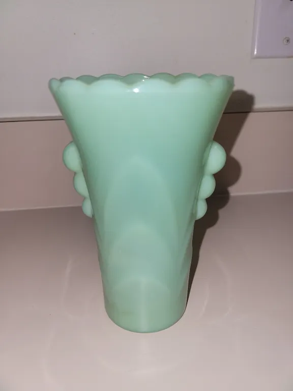vintage Anchor Hocking Fire-King Art Deco jadeite small flower bud vase featuring a scalloped rim an