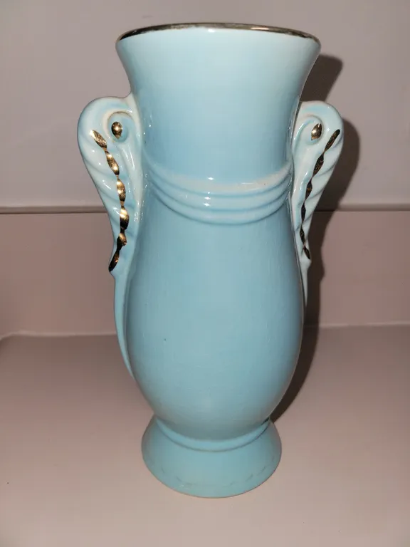 vintage powder blue ceramic urn vase with gold accents made by Royal Copley (Model E2317) from the 1