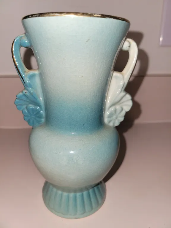 mid-century Royal Copley ceramic vase features a soft blue-and-turquoise gradient glaze highlighted
