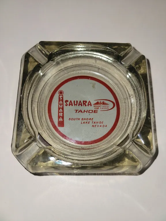 vintage square green-tinted glass souvenir ashtray from the Sahara Tahoe Resort Hotel and Casino in