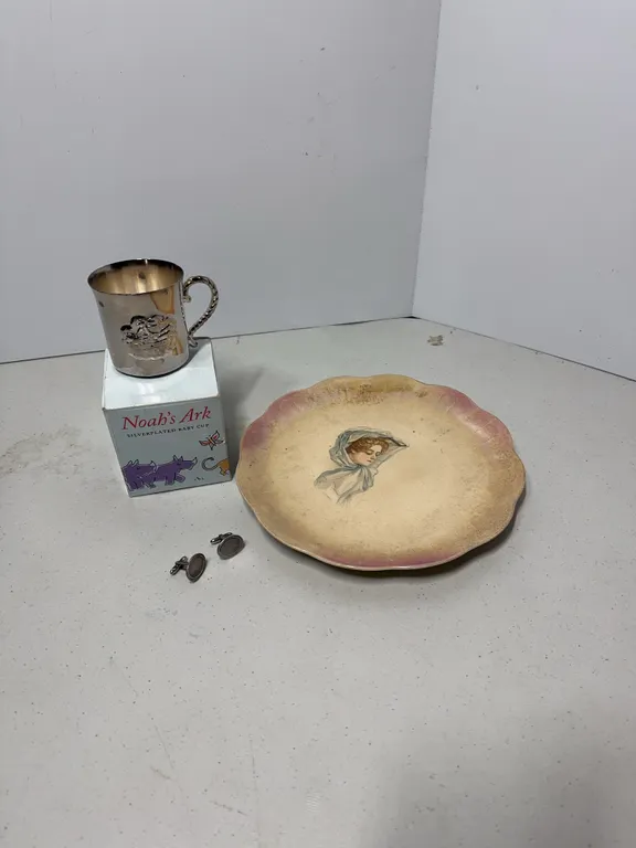 Sterling silver cuff links, plate, and cup