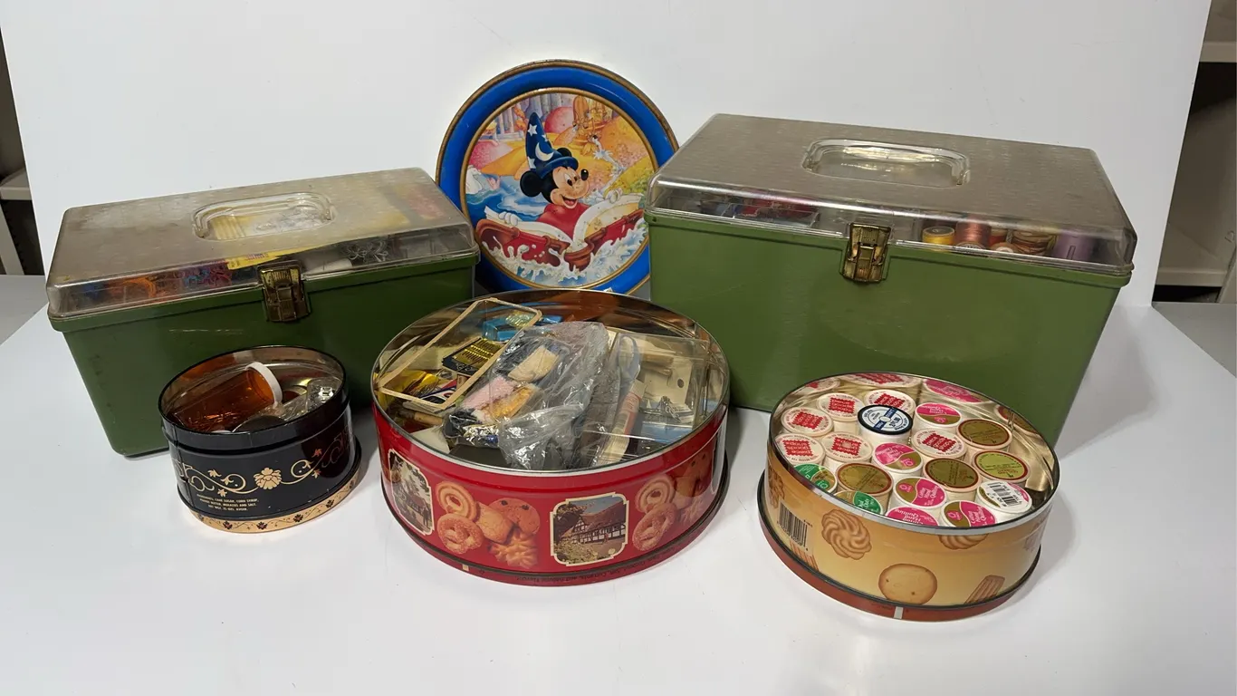Tins and sewing supplies