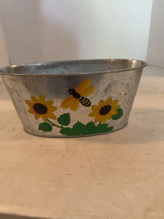 Metal Planter With Flowers Painted