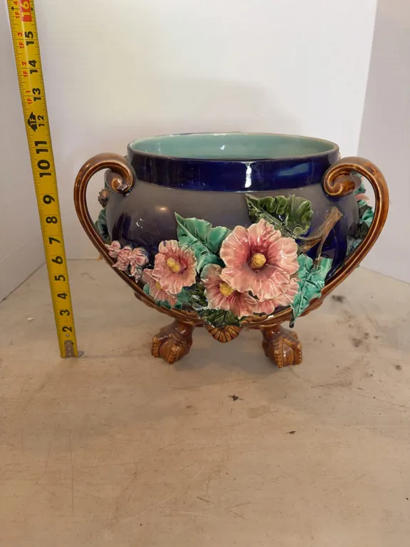 Antique Barbotine Majolica Ceramic Cache Pot