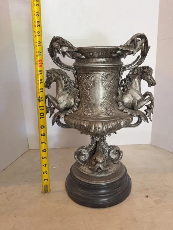 Vintage Metallic Urn Vase With Horse Handles