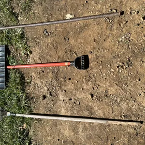 Snow shovel, digging iron, and yard rake