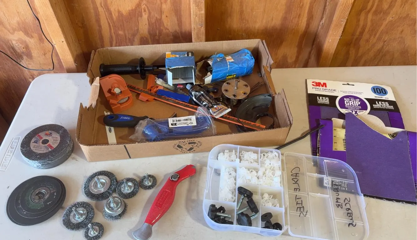 Assortment Of Sanding Supplies Including Staples, Sandpaper, Wire Wheels & More