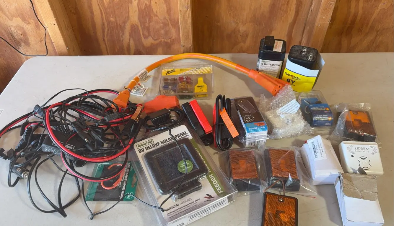 Large Assortment of Electrical Supplies Including 12V Wire, 7-Way Connector, 6V Solar Panel & More