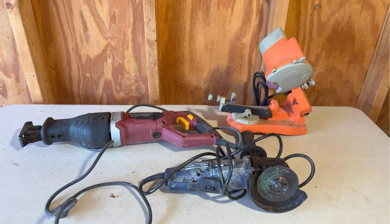 Chicago Electric Power Tools Including Angle Grinder, Reciprocating Saw & Saw Sharpener