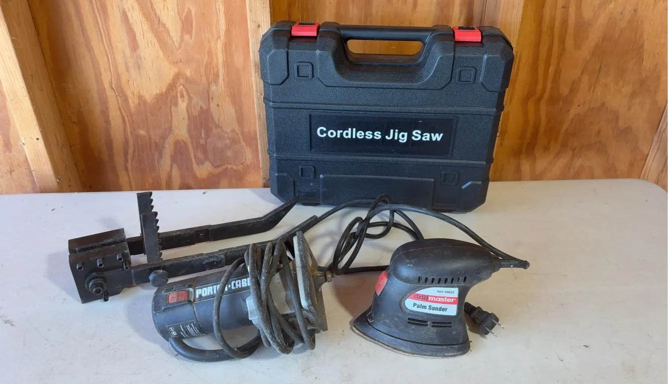 Drill Master Palm Sander, Porter Cable Trimmer, Empty Jig Saw Case & More