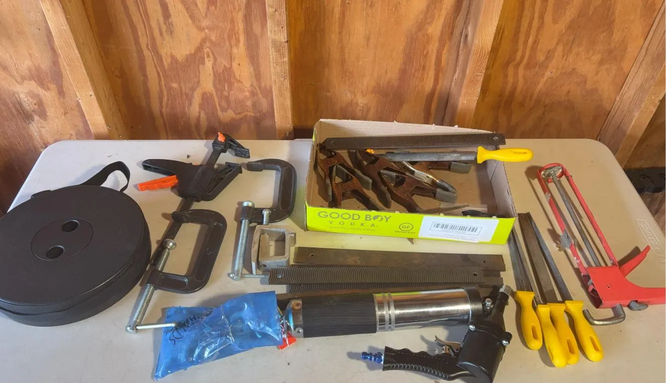 Pneumatic Grease Gun, C-Clamps, Extendable Chair, & More