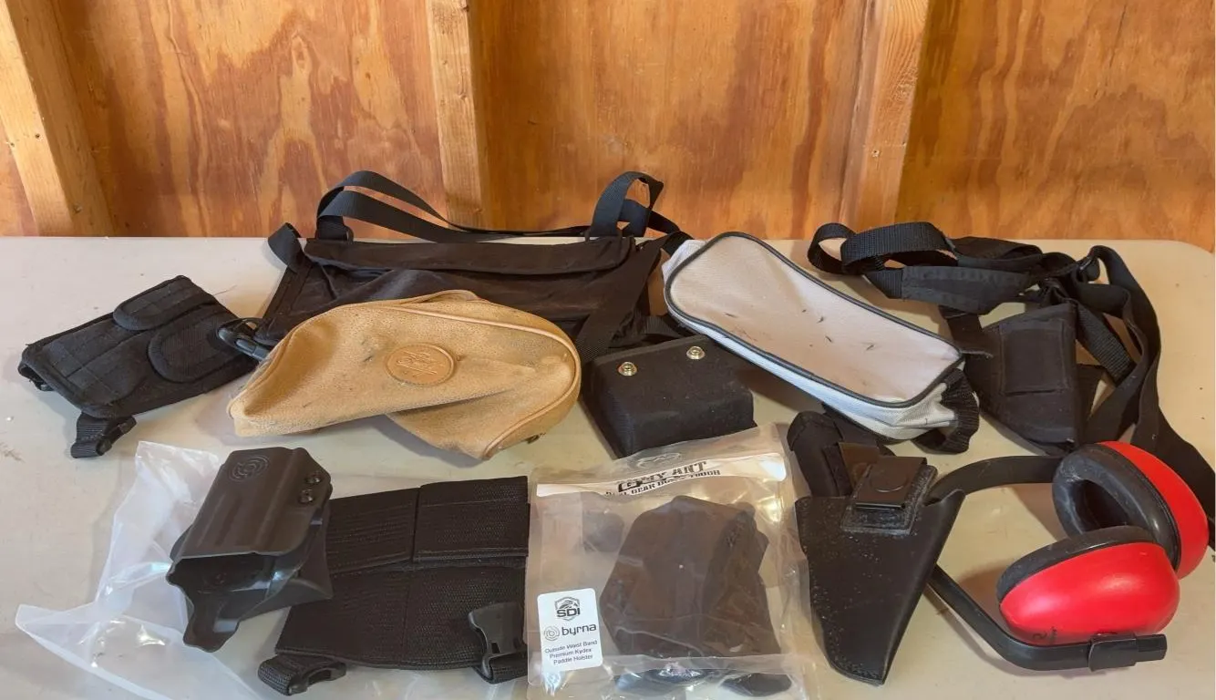 Large Assortment of Shooting Bags, Holsters, Ear Muffs & More