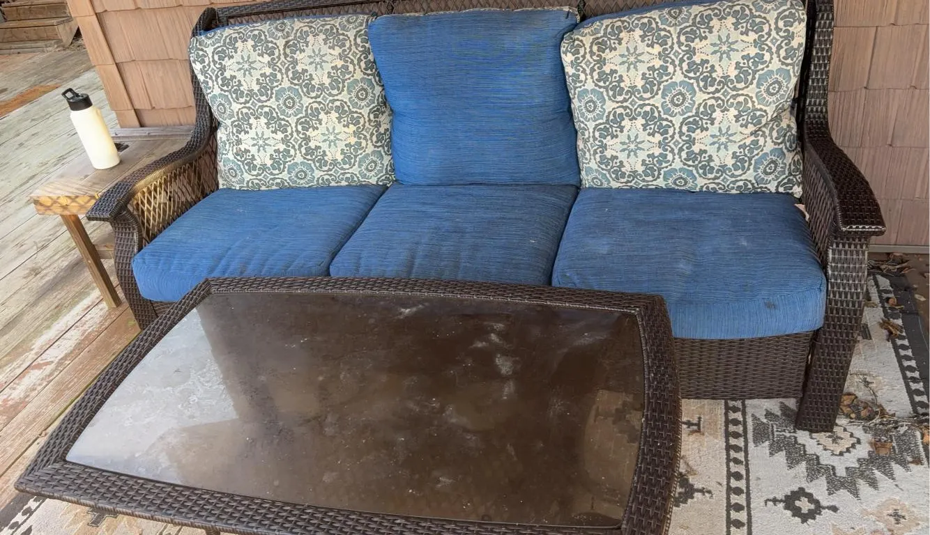 Outdoor Wicker Patio Couch -75x25x37 w/ Glass Topped Coffee Table -42x25x22