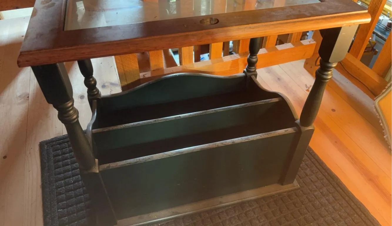 Vintage Wooden Side Table w/ Glass Top & Magazine Rack