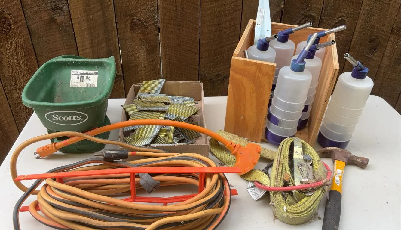 Extension Cord, Nails, Ratchet Strap, Hammer, Seeder & More