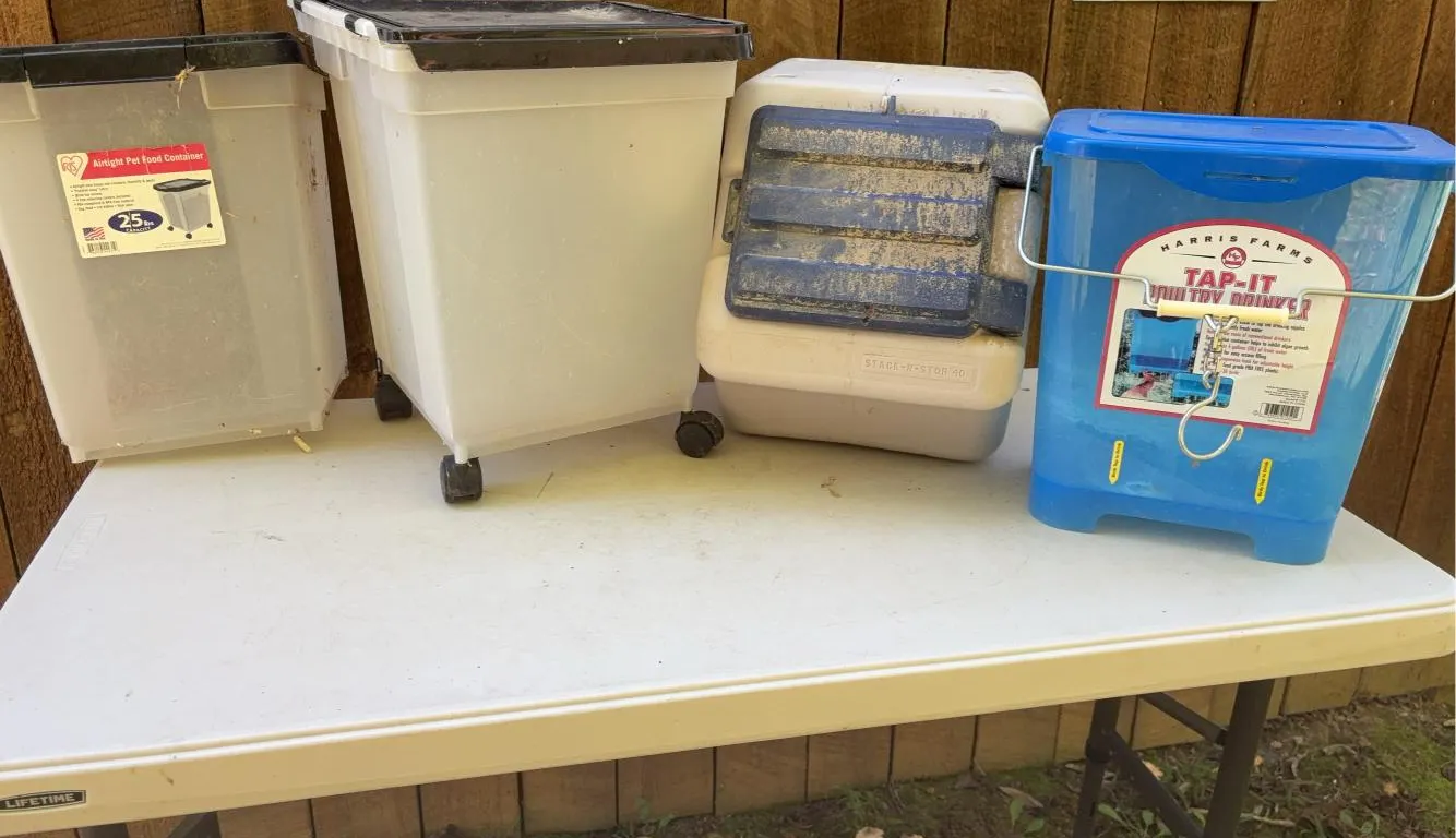(4) Empty Storage Containers Including Poultry Drinker, Food Container & More