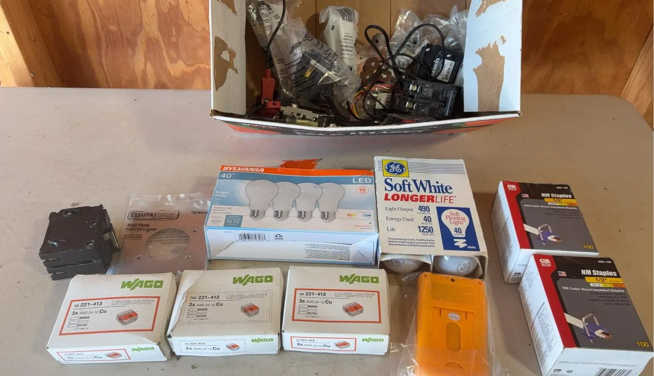 Large Assortment Of Electrical Supplies Including Light Bulbs, Lever Nuts, Staples & Circuit Breakers
