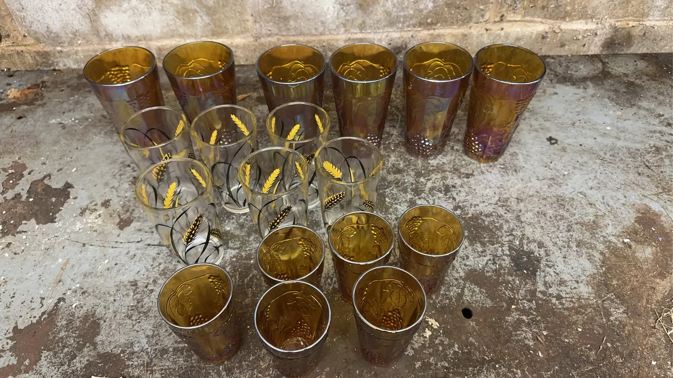Iridescent carnival water,juice glasses & wheat pattern water glasses