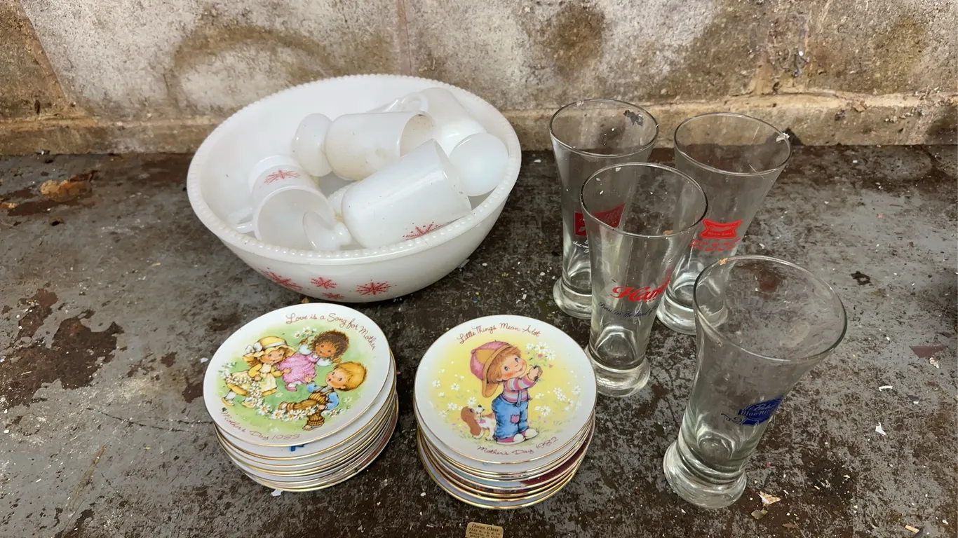 Beer glasses, bowl, saucers & more