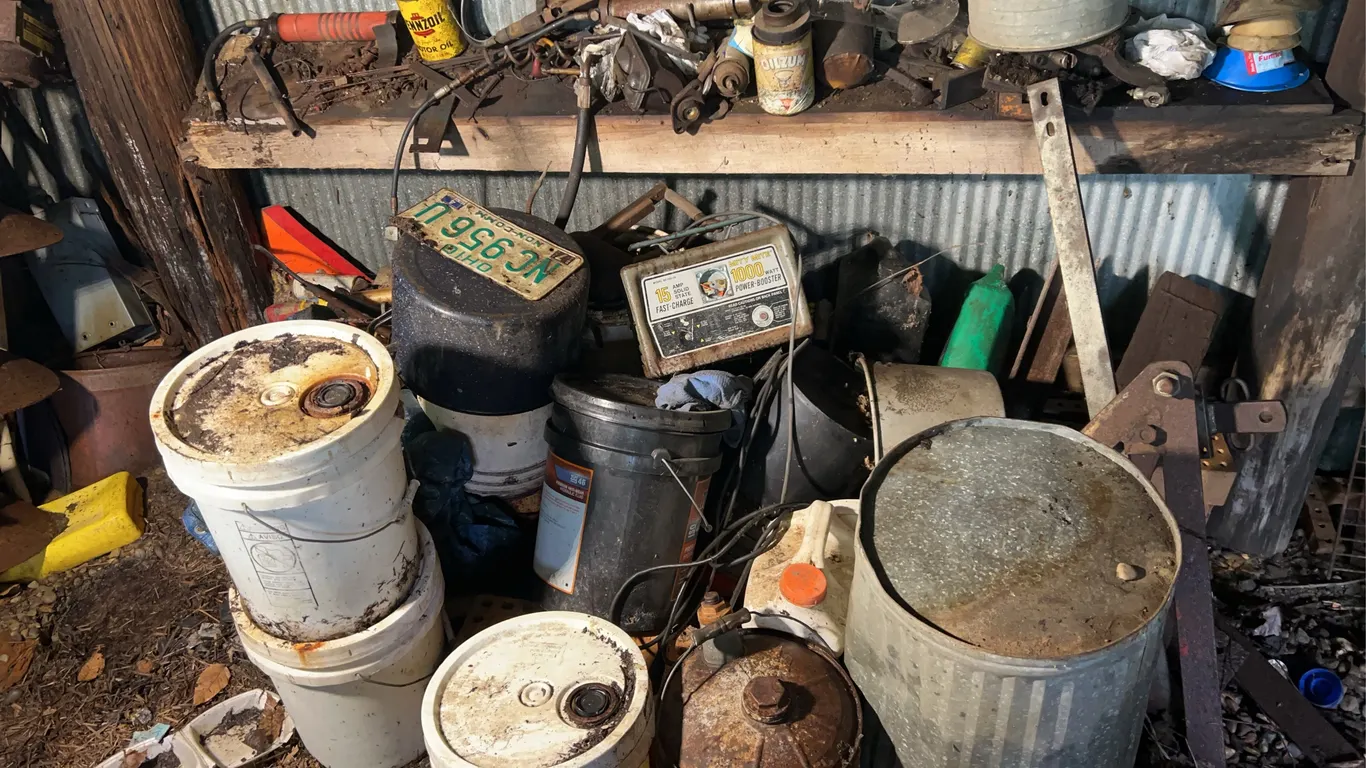 Contents of Pile Including Galvanized Trash Can, Buckets, Mity Mite Charger, Grease Guns & More