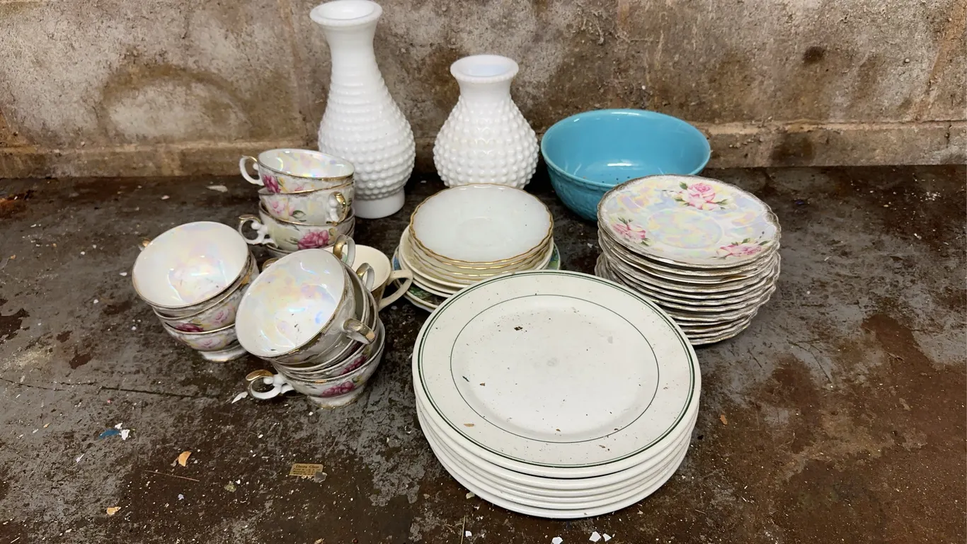 Hobnail milk glass chimneys, assorted dishes & more