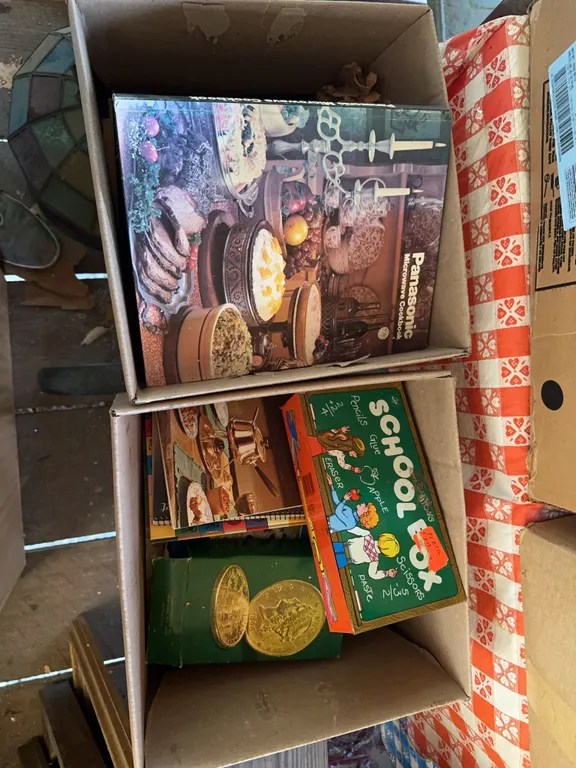 Vintage school box, recipe books, microwave cookbook & more
