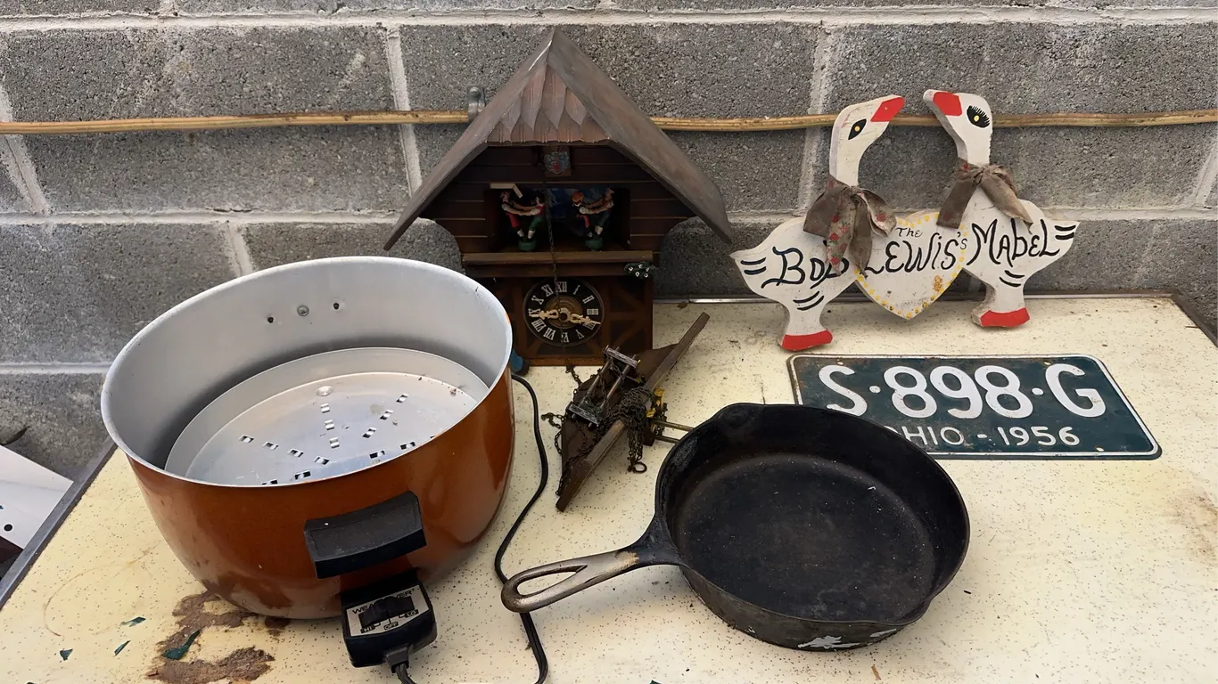 Vintage clock, cast iron skillet & more