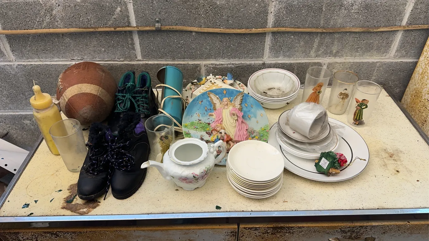 Assorted dishes, kids shoes & more