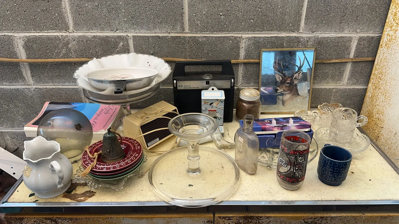 Match holder, lamp globe, assorted glassware & more