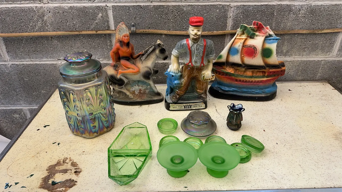 Whiskey decanter, chalk ware & more