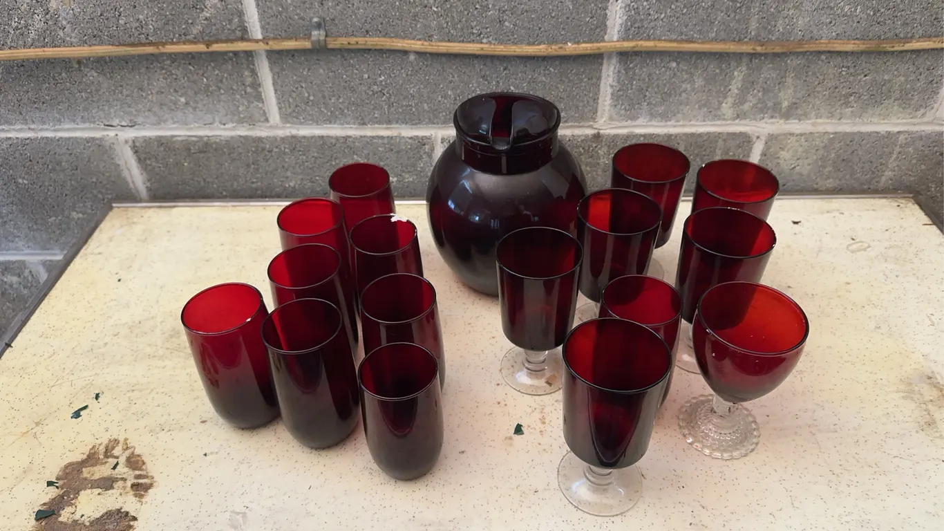 Ruby red pitcher & glasses