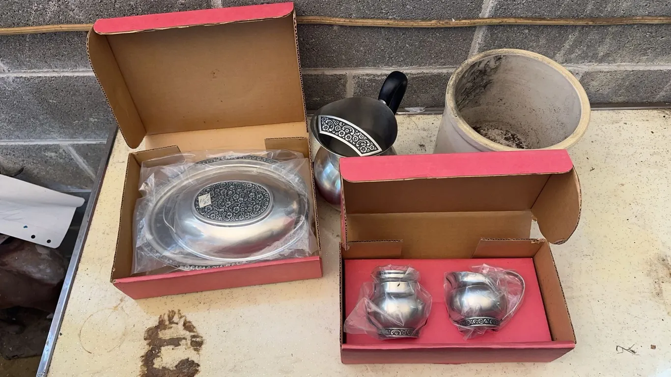 Crock, 3-pc sugar and creamer set & more