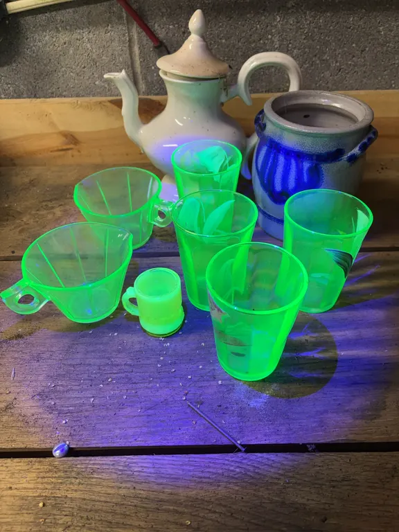 Uranium water glasses, uranium creamer pitchers, crock & tea pot
