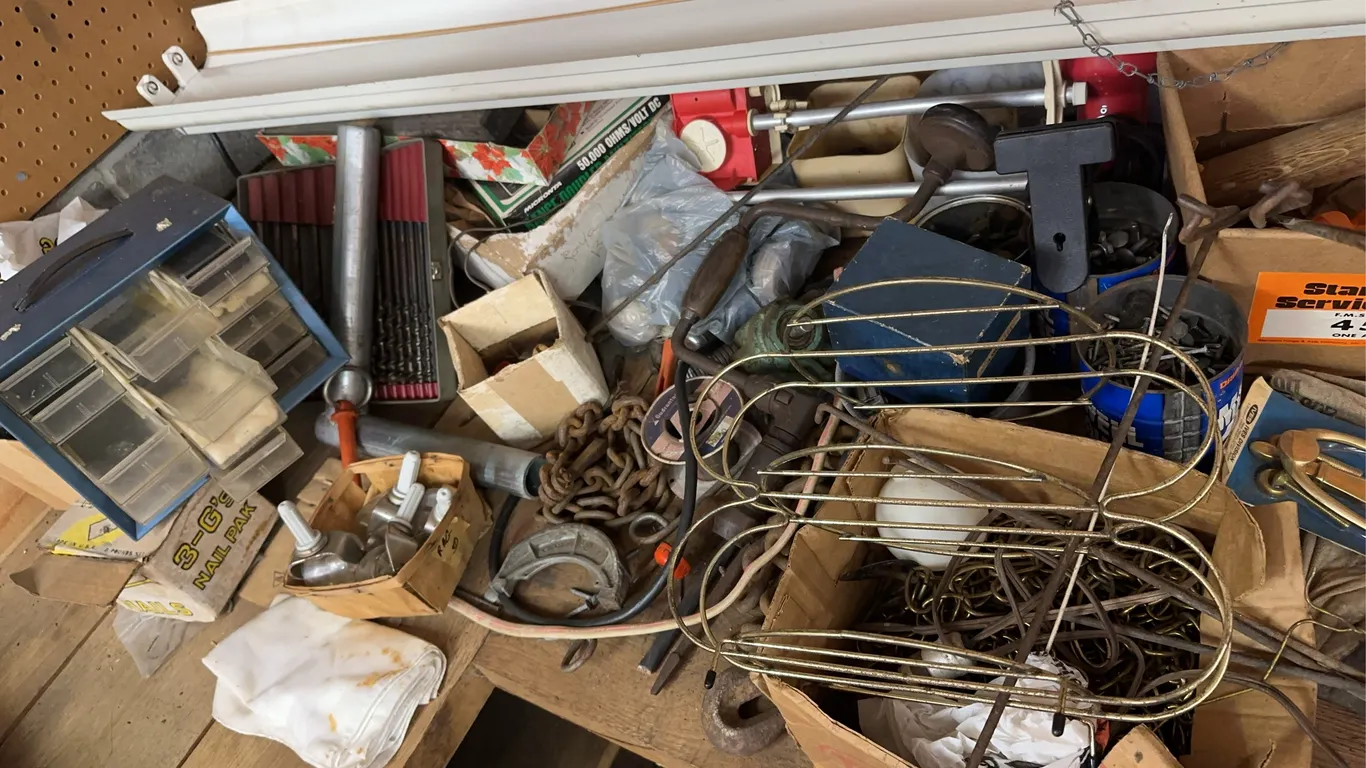 Large lot of hardware and tools including drill bits, carpenters brace, chains & more