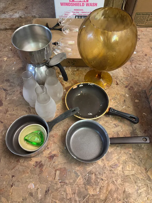 Cookware, vase, oil lamp chimneys & more