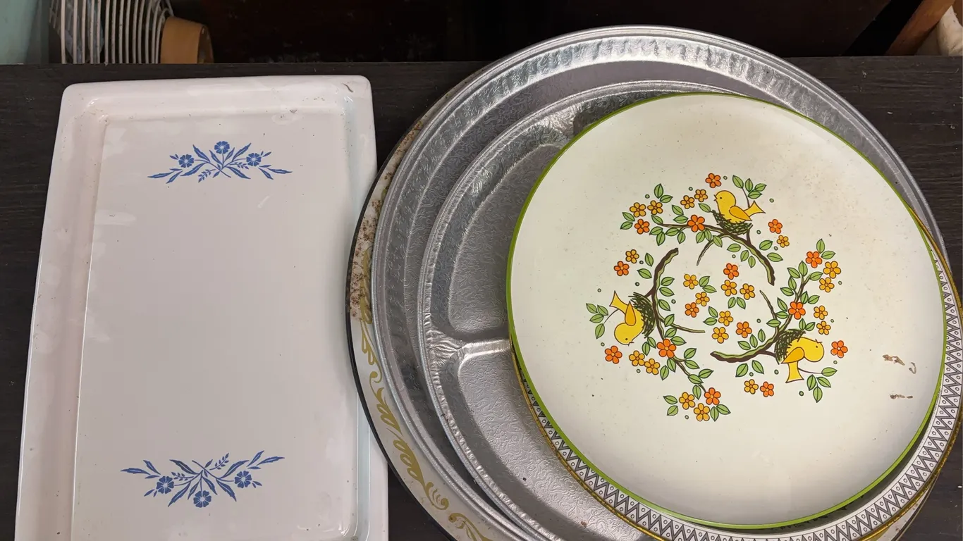 Assorted trays including Corning ware serving tray